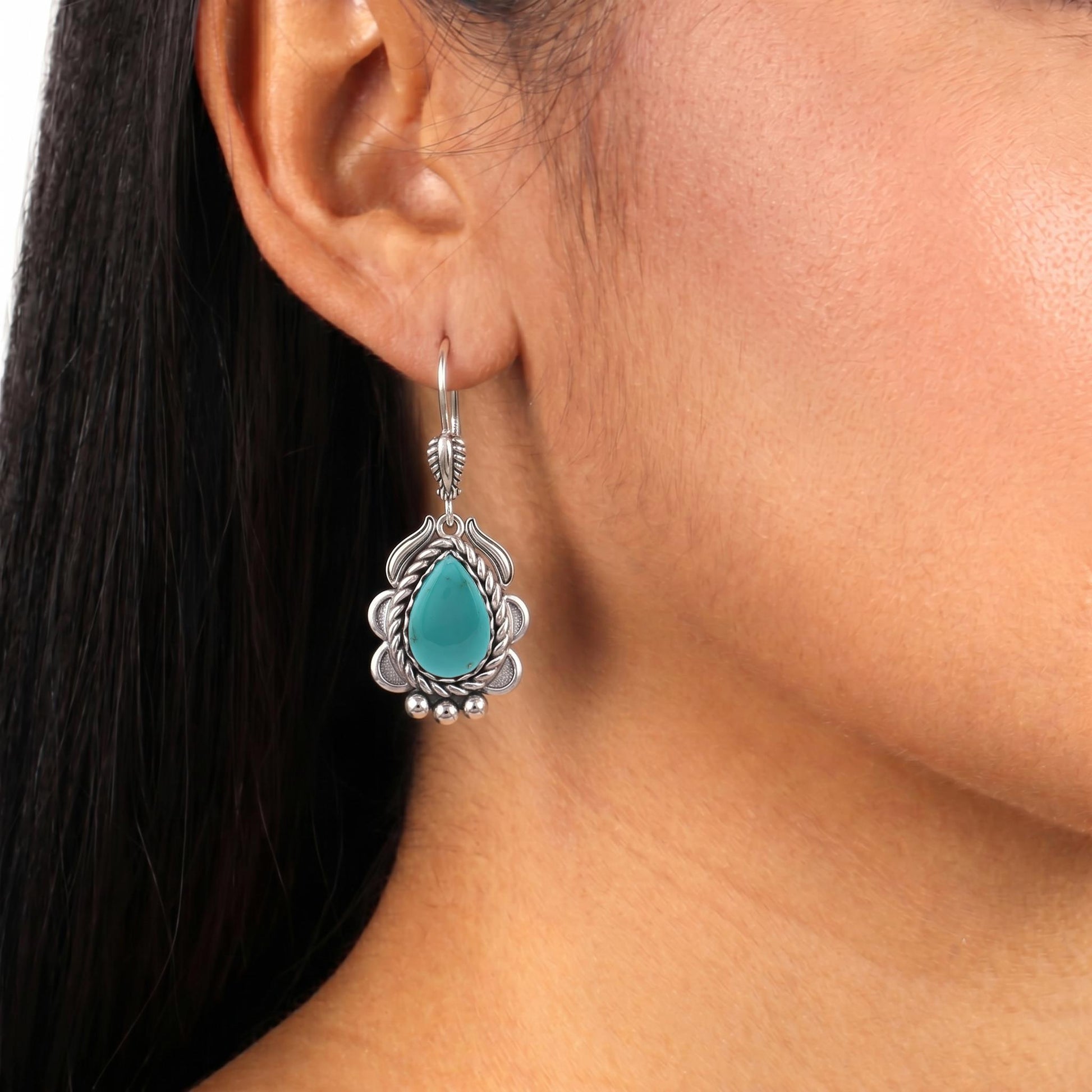 Sterling Silver Kingman Turquoise Pear-Cut Rope Design Lever Back Earrings