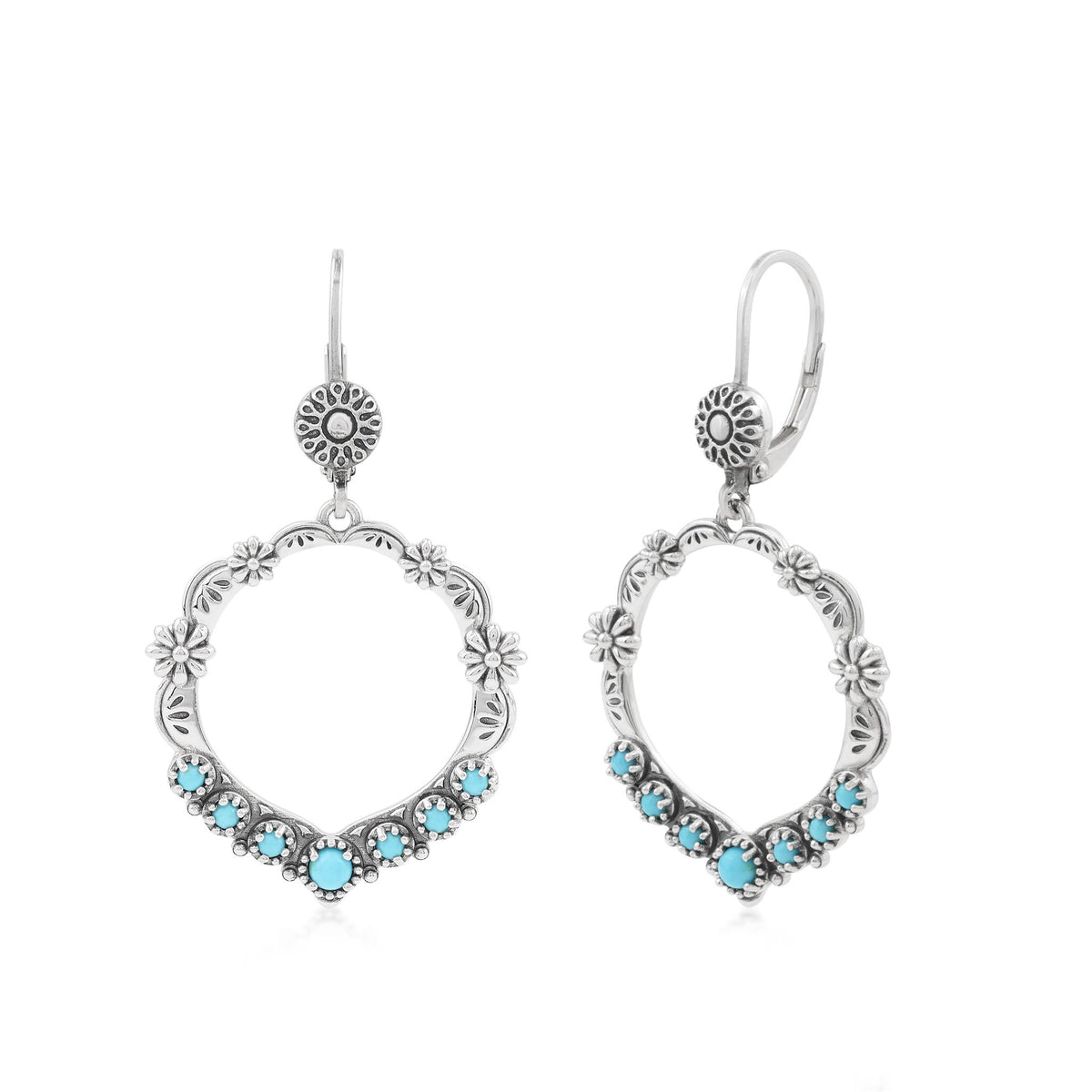 Sterling Silver Sleeping Beauty Turquoise Open Hoop Concha Lever Back Earrings