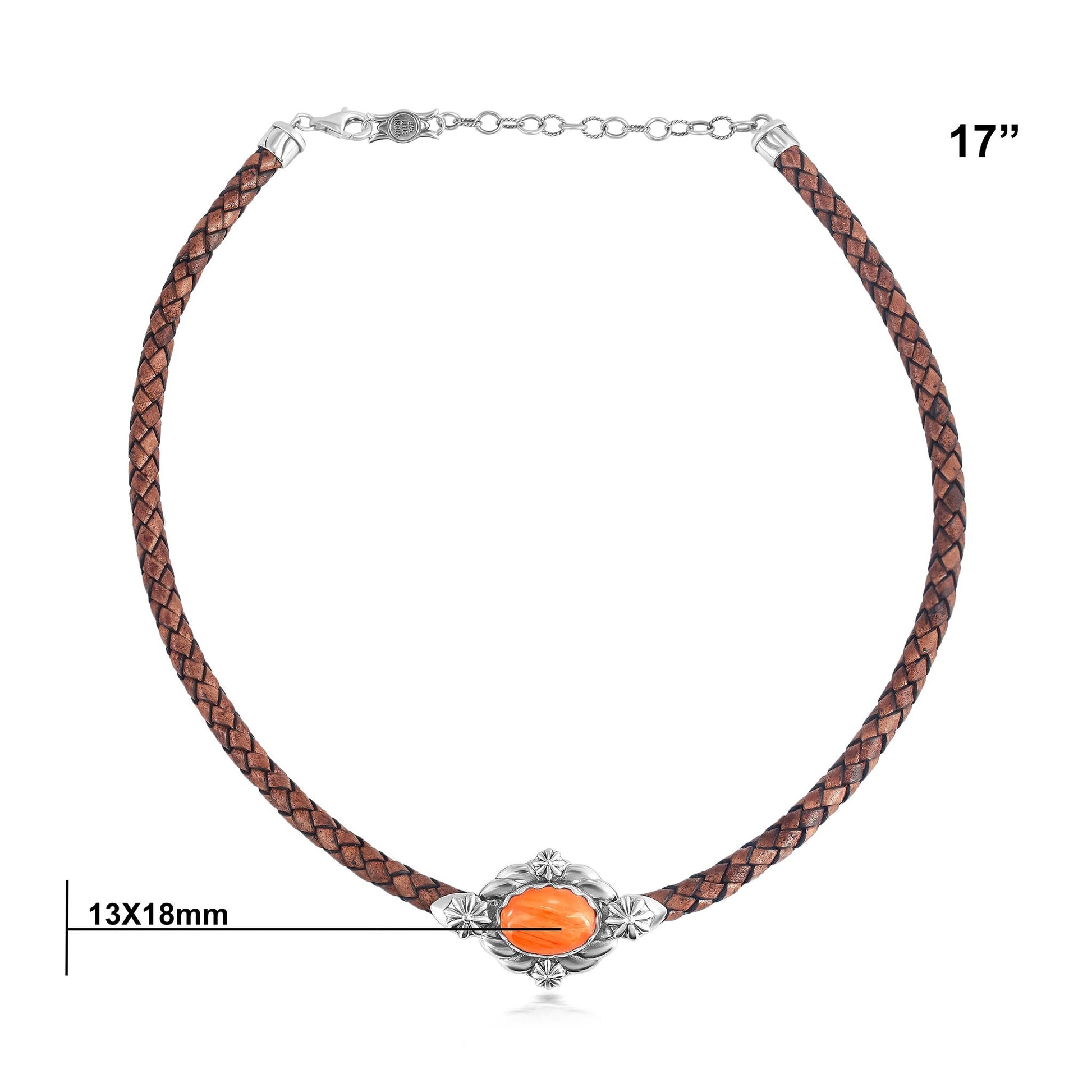 Sterling Silver Orange Spiny Oyster Antique Red-Brown Braided Leather Necklace, 17 to 20 Inches