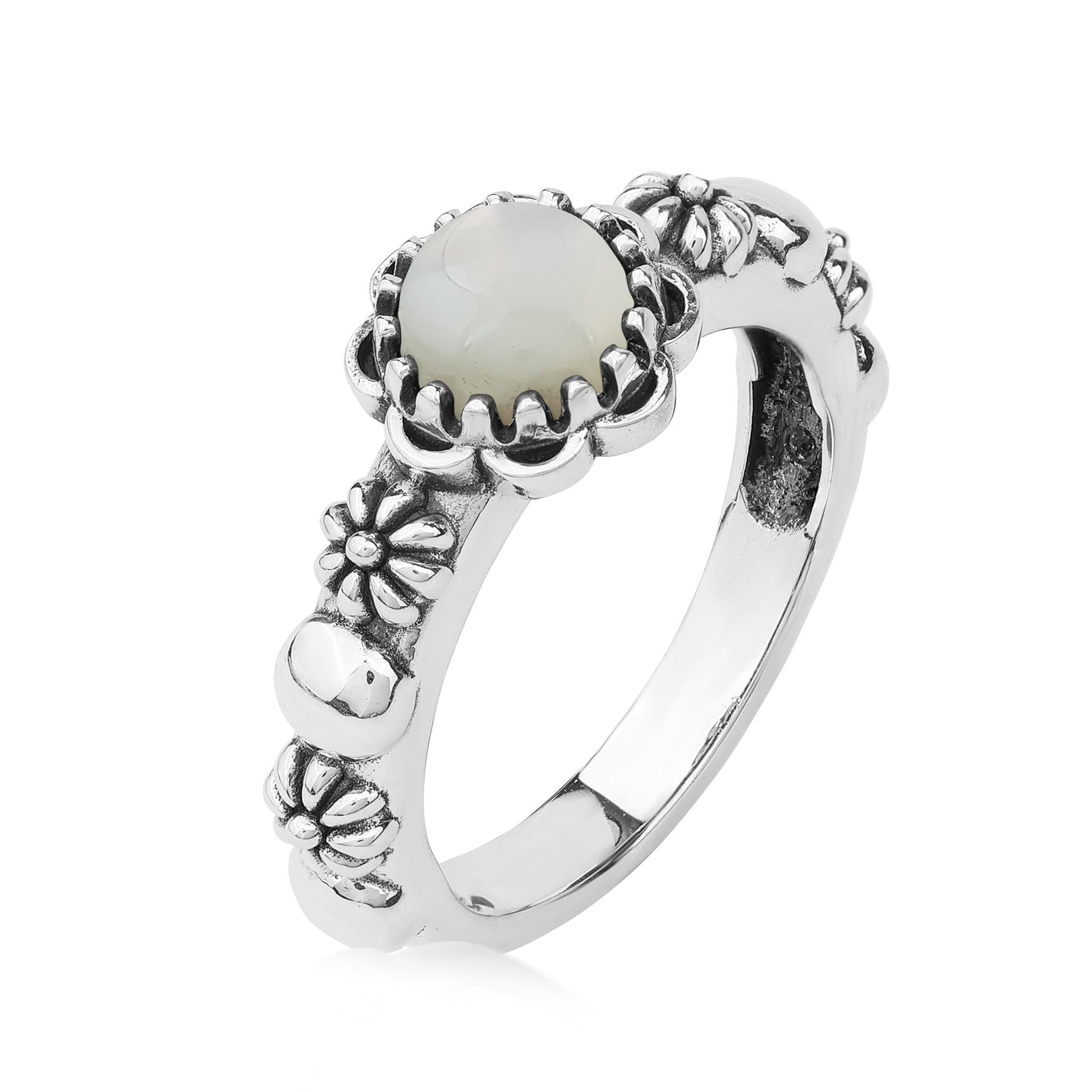  Sterling Silver White Mother of Pearl Single Row Concha Flower Ring