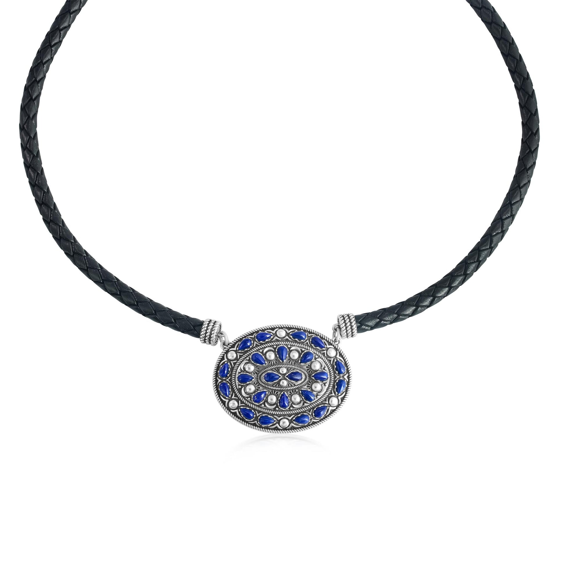 Sterling Silver Lapis Oval Pendant Black Leather Necklace