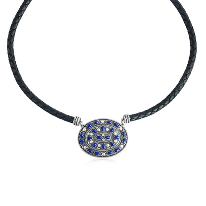 Sterling Silver Lapis Oval Pendant Black Leather Necklace