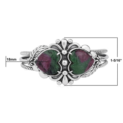 EXCLUSIVELY OURS! Sterling Silver Ruby Zoisite Double Heart Cuff Bracelet, Sizes Small to Large