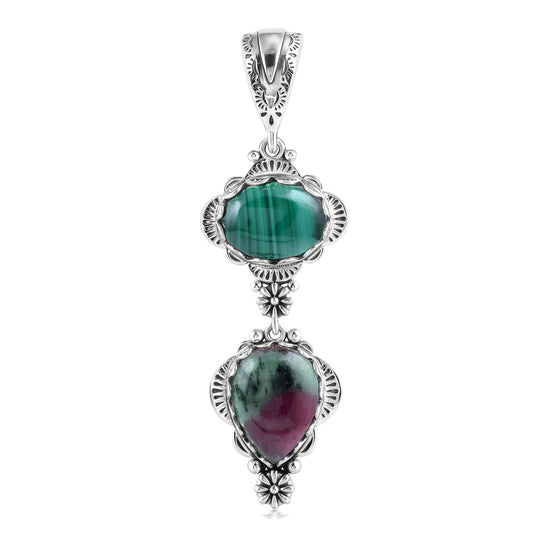 Sterling Silver Pear and Oval Ruby Zoisite and Malachite Linear Pendant Enhancer 