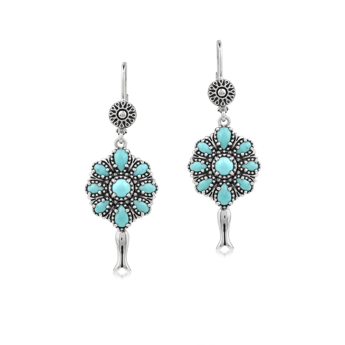 Sterling Silver Kingman Turquoise Petit Point Flower Cluster Squash Blossom Earrings