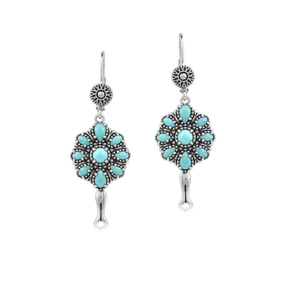 Sterling Silver Kingman Turquoise Petit Point Flower Cluster Squash Blossom Earrings