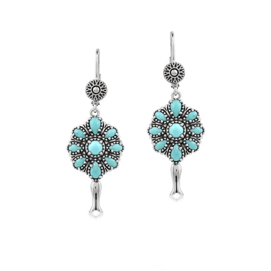 Sterling Silver Kingman Turquoise Petit Point Flower Cluster Squash Blossom Earrings