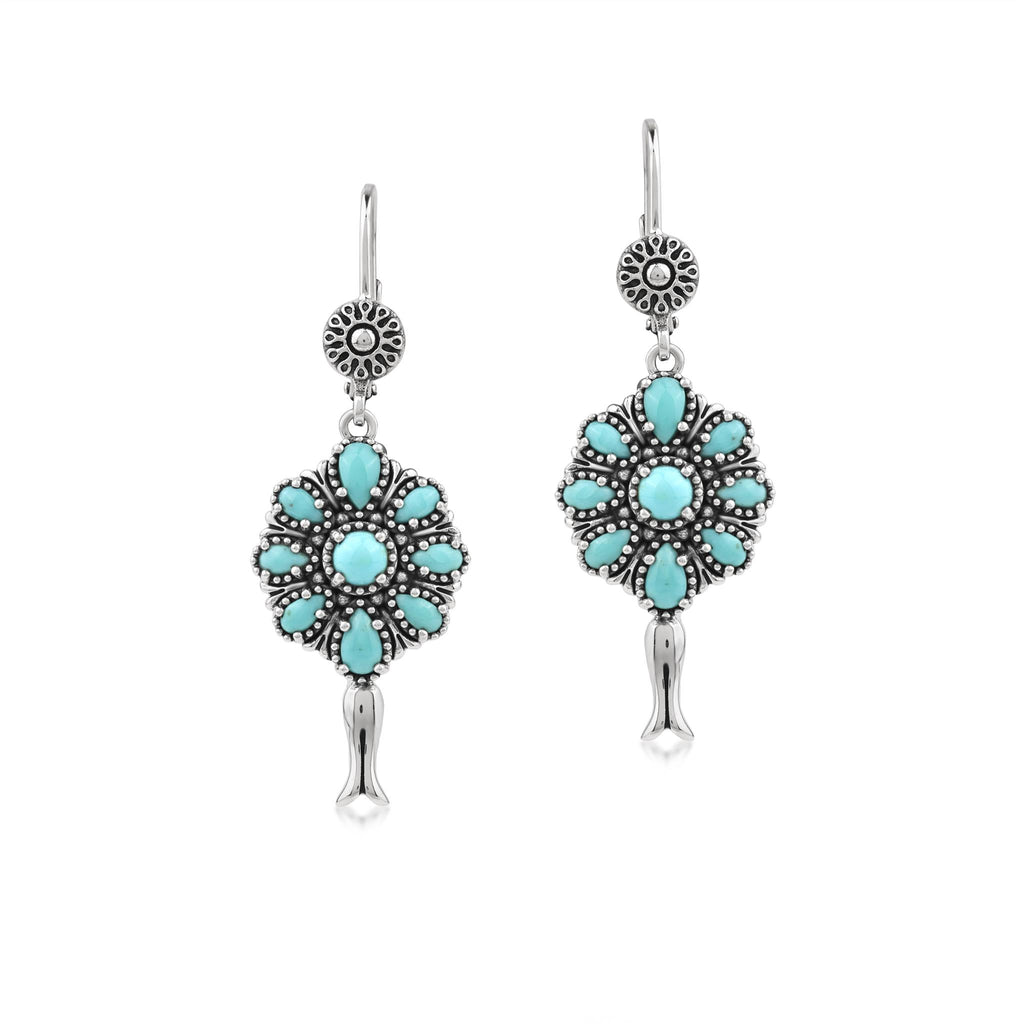 Sterling Silver Kingman Turquoise Petit Point Flower Cluster Squash Blossom Earrings