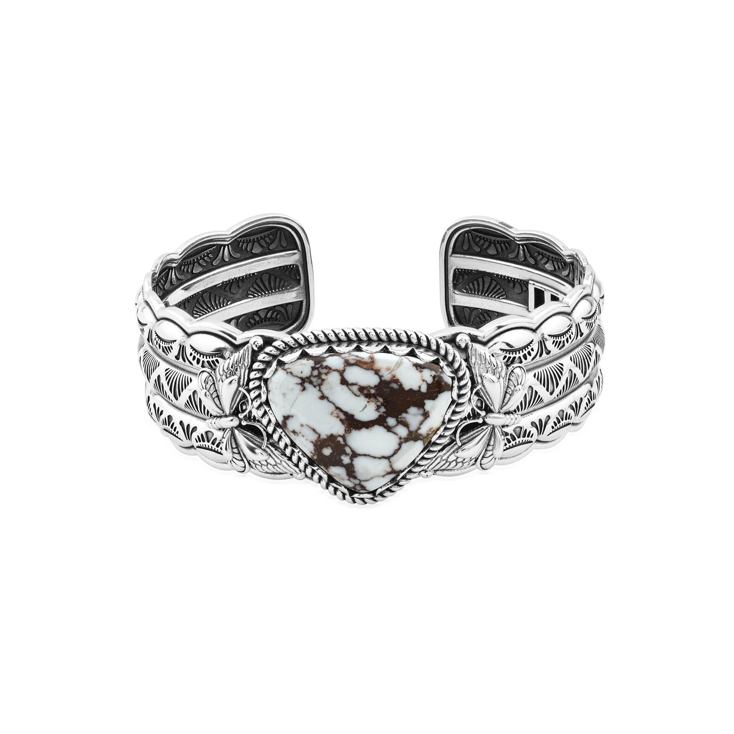 Sterling Silver Wild Horse Magnesite Gemstone Butterfly Hinged Cuff Bracelet