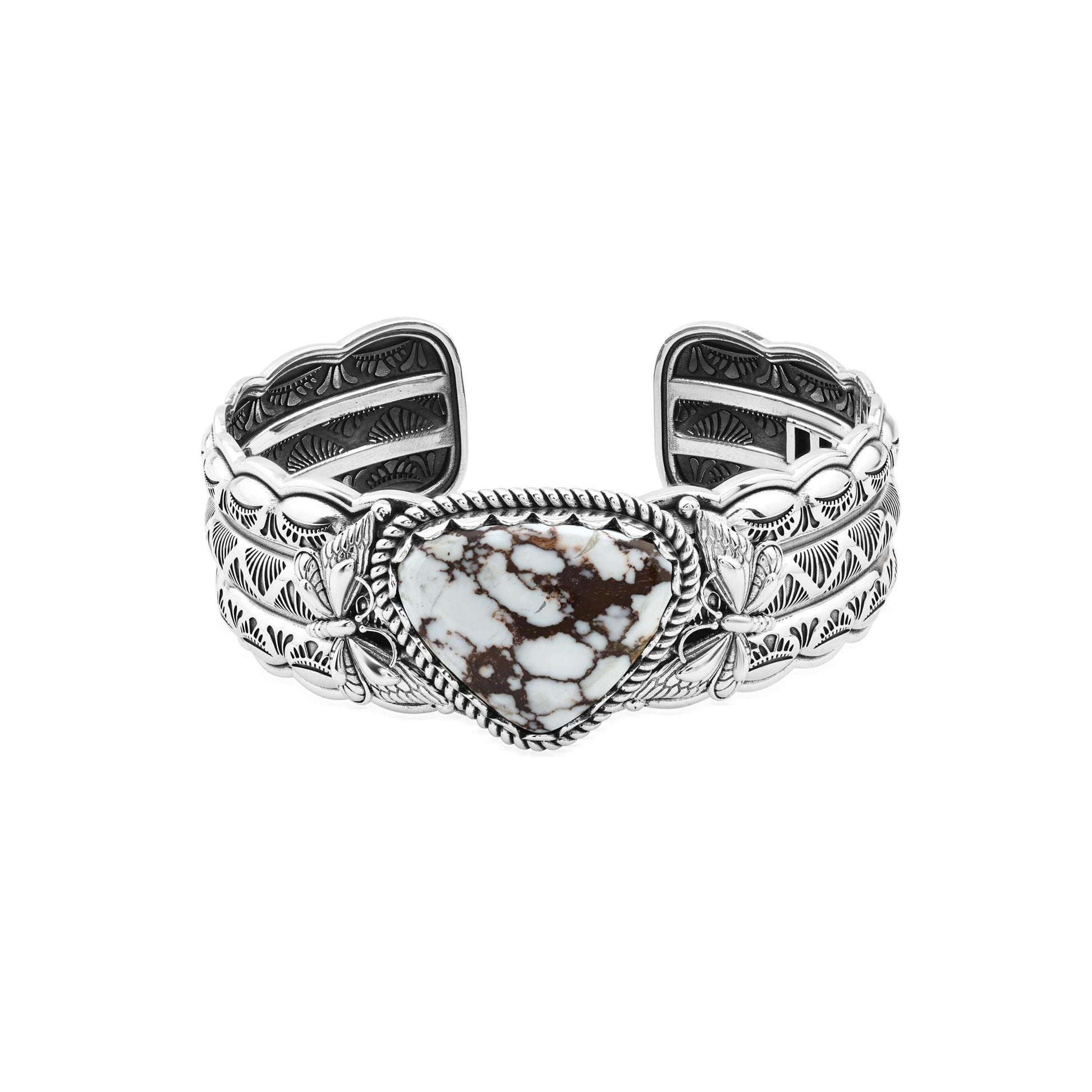 Sterling Silver Wild Horse Magnesite Gemstone Butterfly Hinged Cuff Bracelet