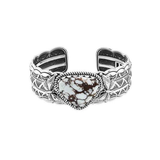Sterling Silver Wild Horse Magnesite Gemstone Butterfly Hinged Cuff Bracelet