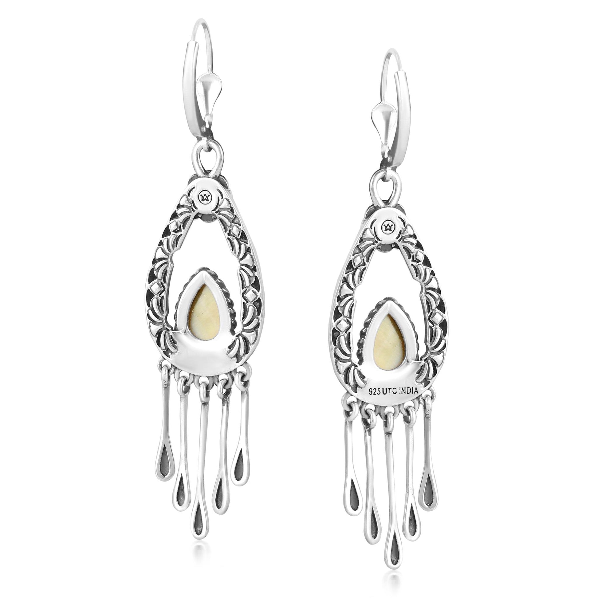 Sterling Silver Yellow Mother of Pearl Pear-Cut Lever Back Dangle Earrings