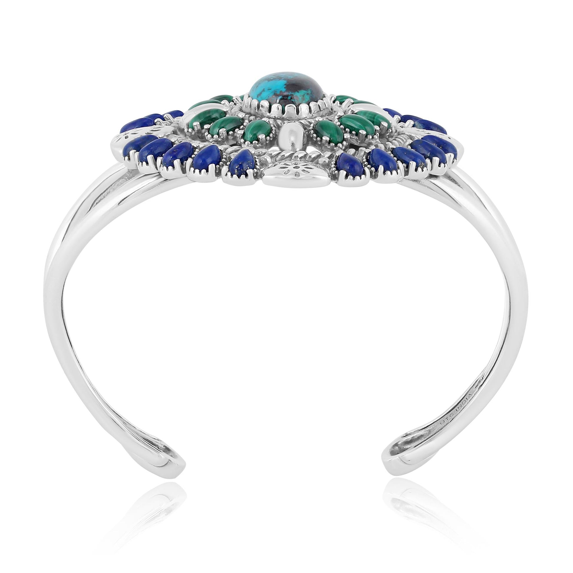 Sterling Silver Chrysocolla Lapis and Malachite Oval Floral Cluster Cuff Bracelet