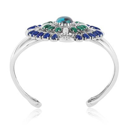 Sterling Silver Chrysocolla Lapis and Malachite Oval Floral Cluster Cuff Bracelet