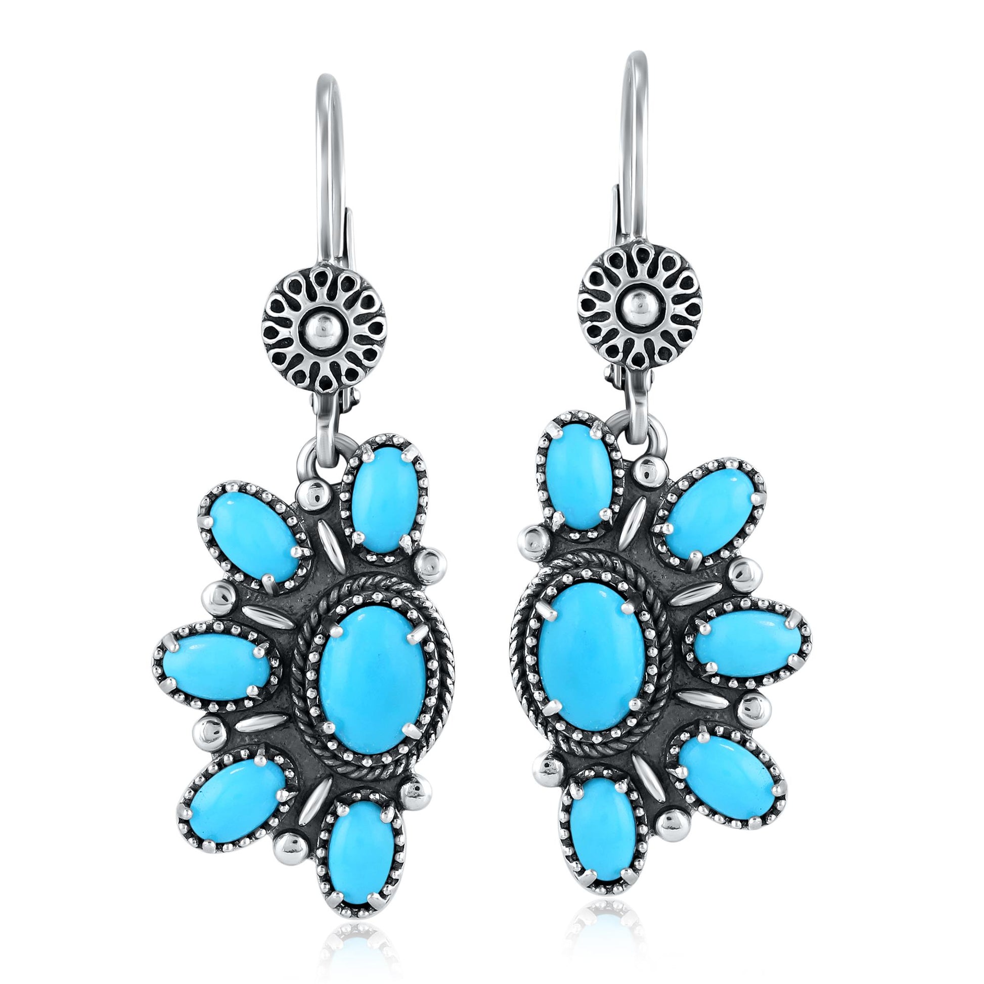 Sterling Silver Half Cluster Sleeping Beauty Turquoise Lever Back Earrings