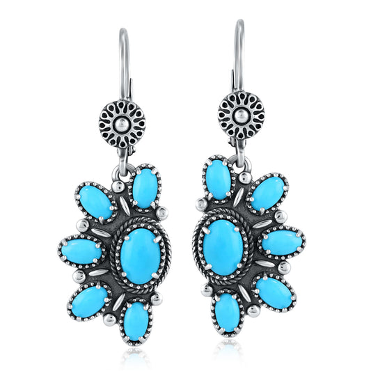 Sterling Silver Half Cluster Sleeping Beauty Turquoise Lever Back Earrings