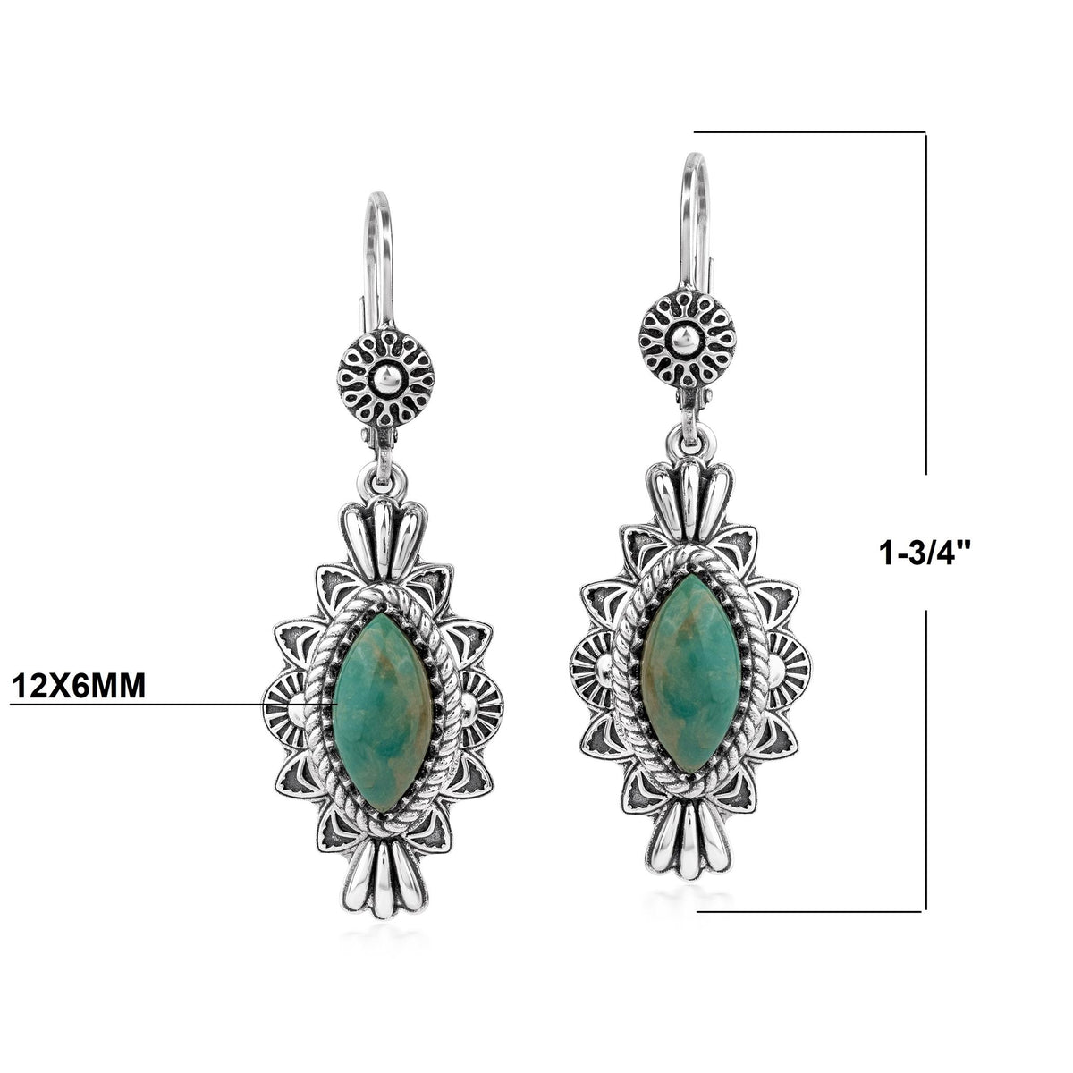 Sterling Silver Green Turquoise Marquise Cut Lever Back Earrings