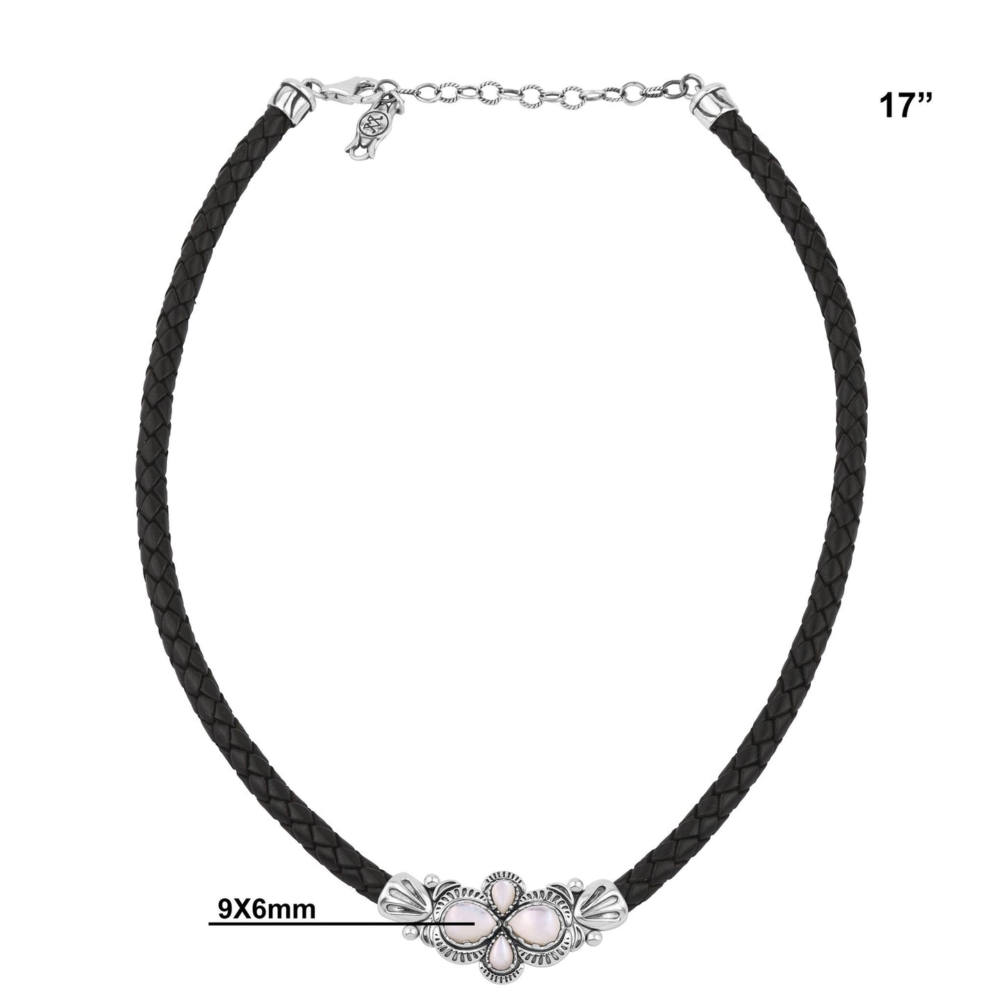  Sterling Silver White Mother of Pearl Pear Cluster Black Leather Necklace 