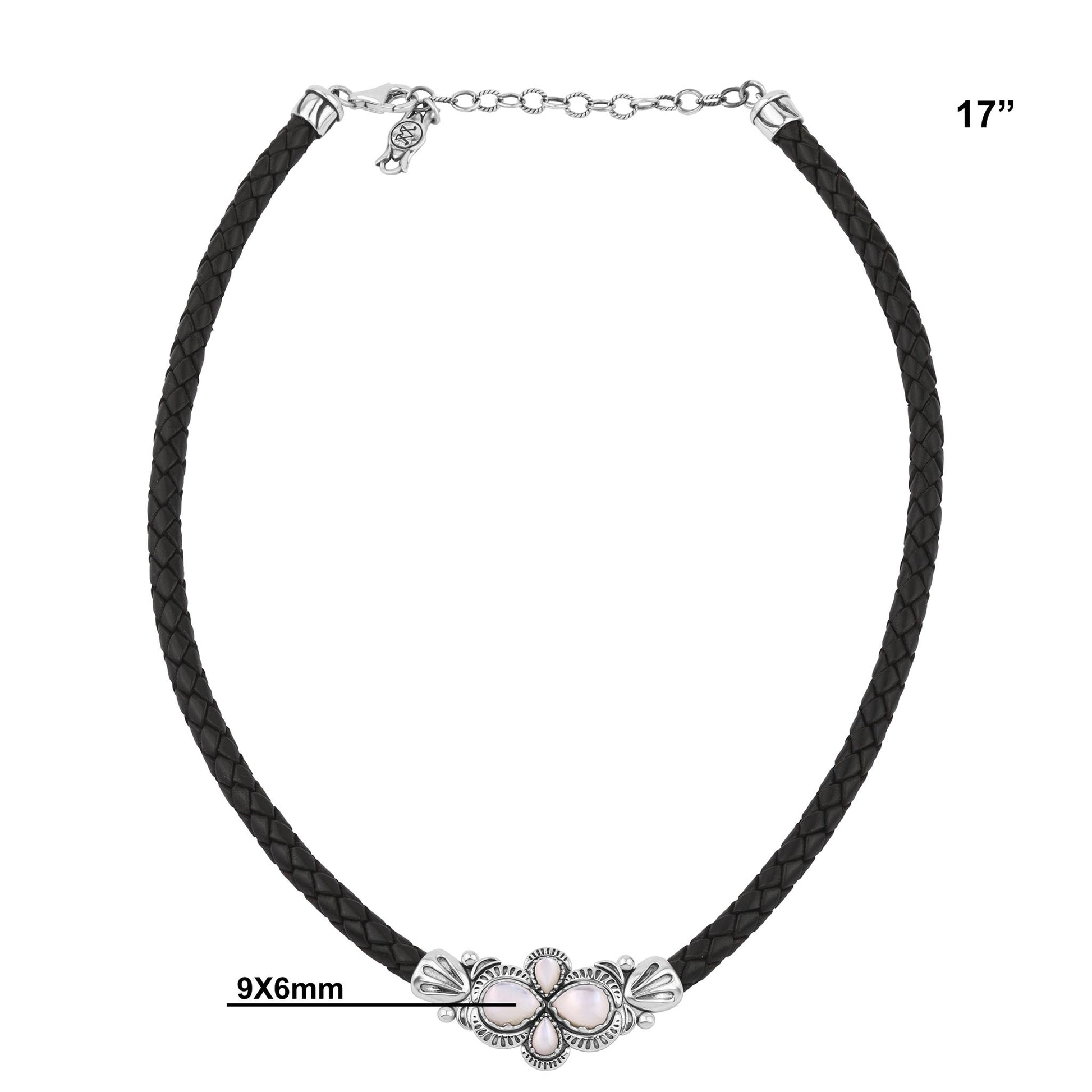  Sterling Silver White Mother of Pearl Pear Cluster Black Leather Necklace 