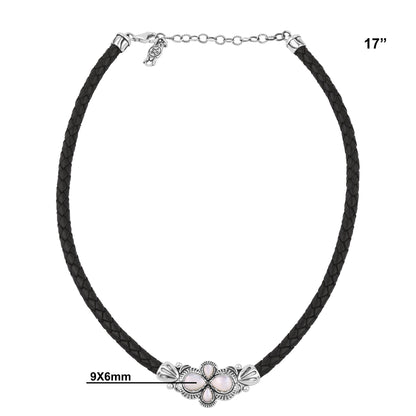  Sterling Silver White Mother of Pearl Pear Cluster Black Leather Necklace 