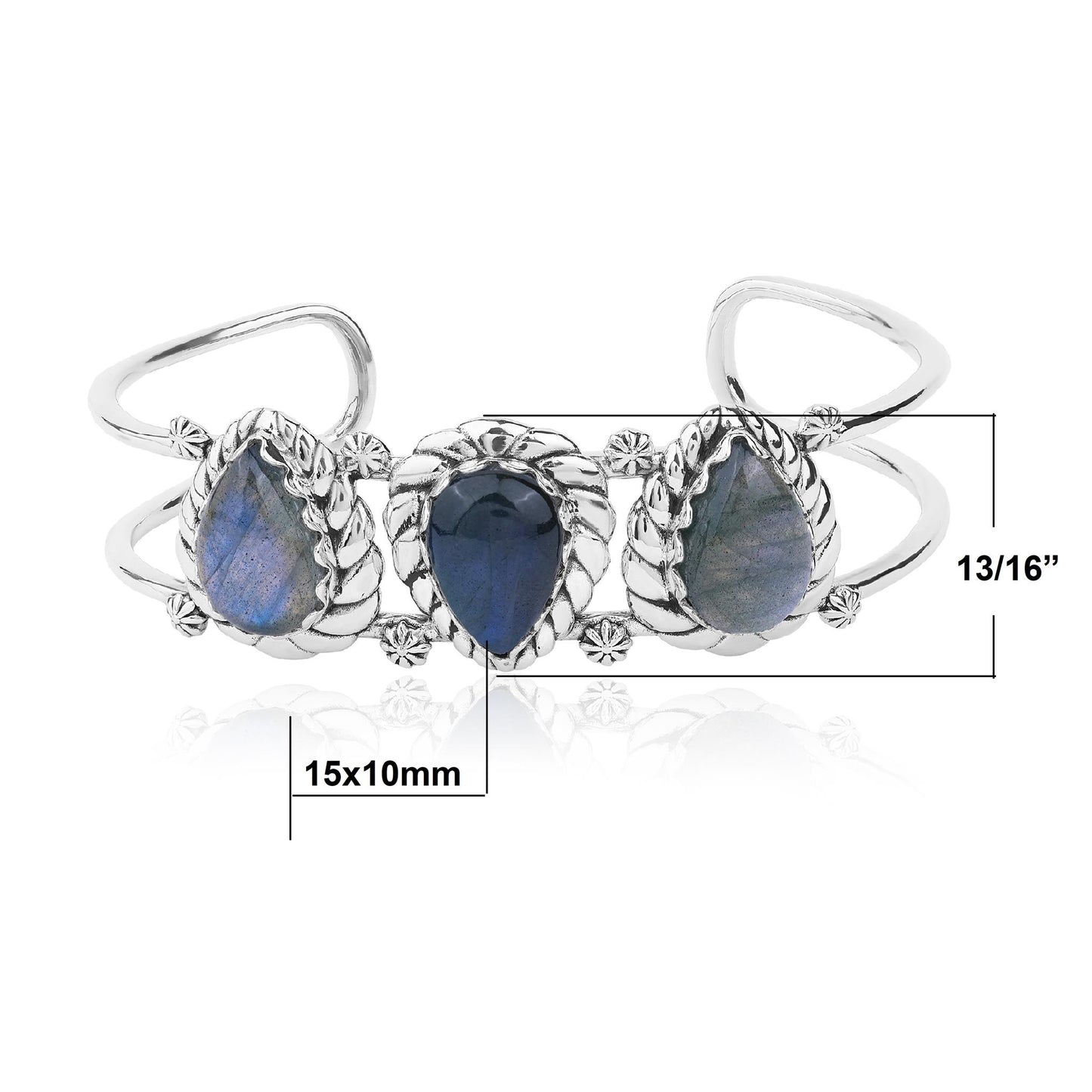 LIMITED EDITION! Sterling Silver Labradorite Pear Cut Rope Design Cuff Bracelet, Sizes Small to Large
