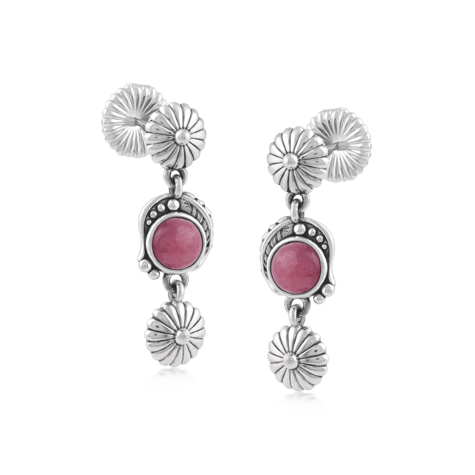 Sterling Silver Rhodonite Leaf and Flower Dangle Earrings