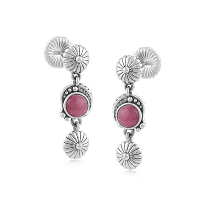 Sterling Silver Rhodonite Leaf and Flower Dangle Earrings