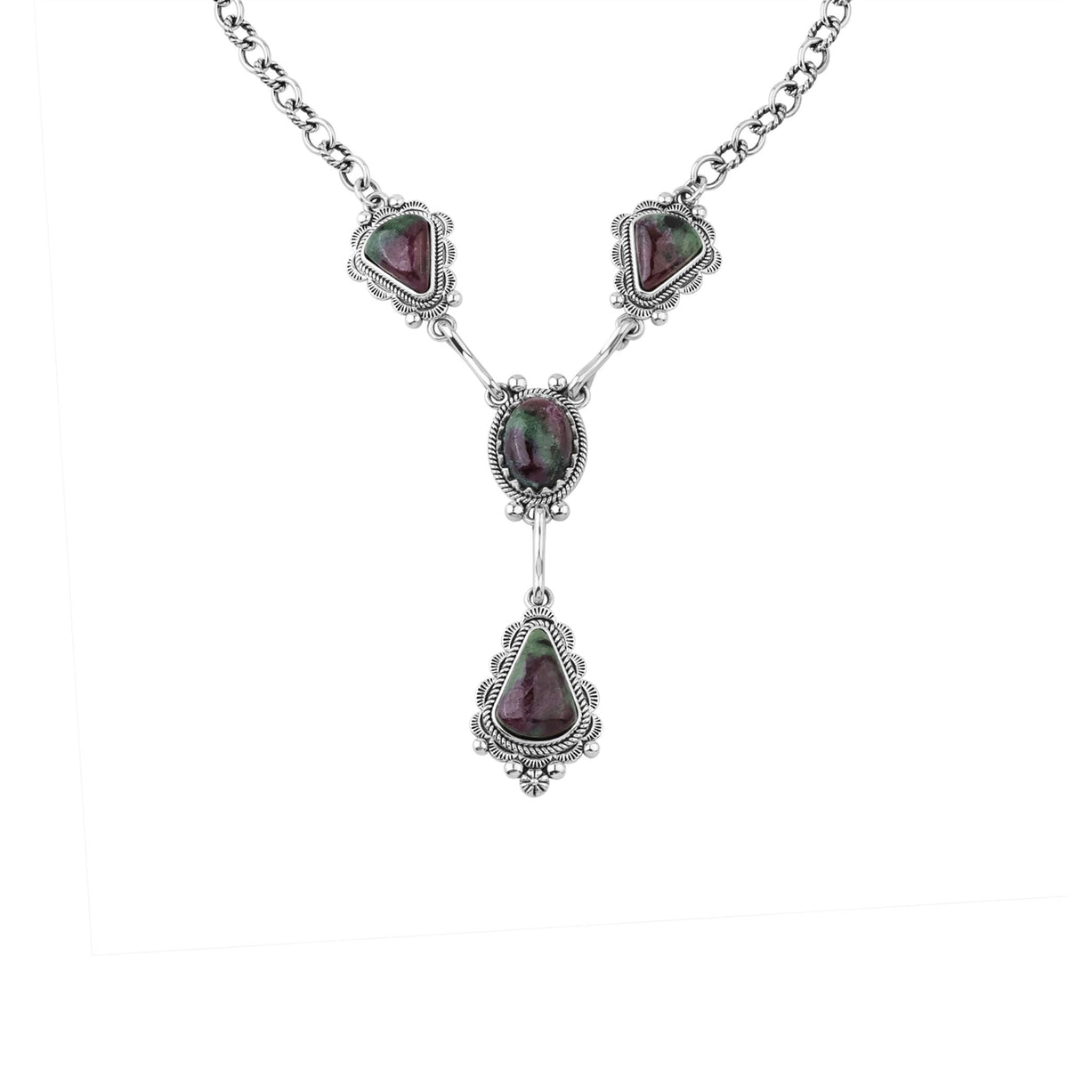 Sterling Silver Ruby Zoisite Four Gemstone Y-Necklace