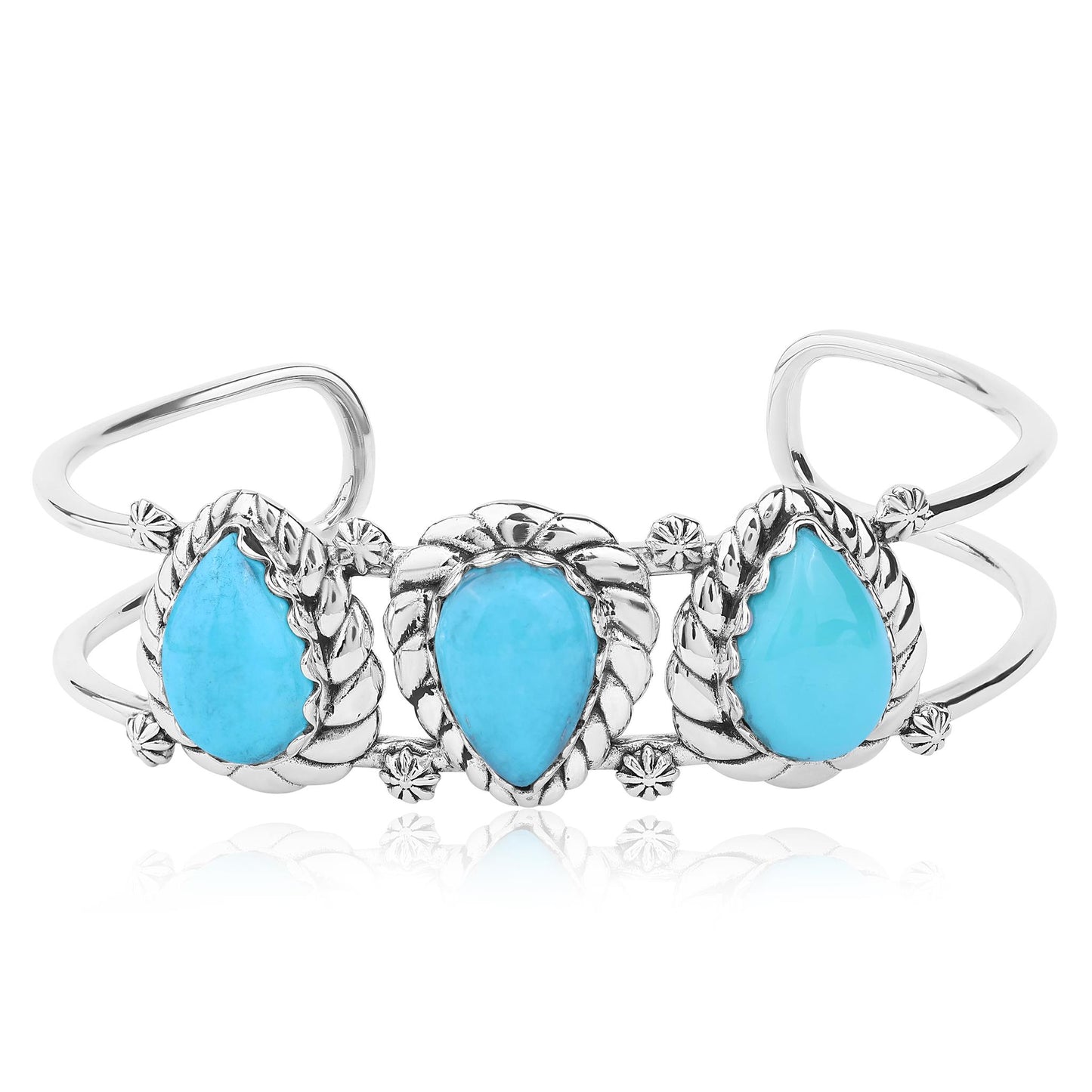 LIMITED EDITION! Sterling Silver Kingman Turquoise Pear Cut Rope Design Cuff Bracelet, Sizes Small to Large