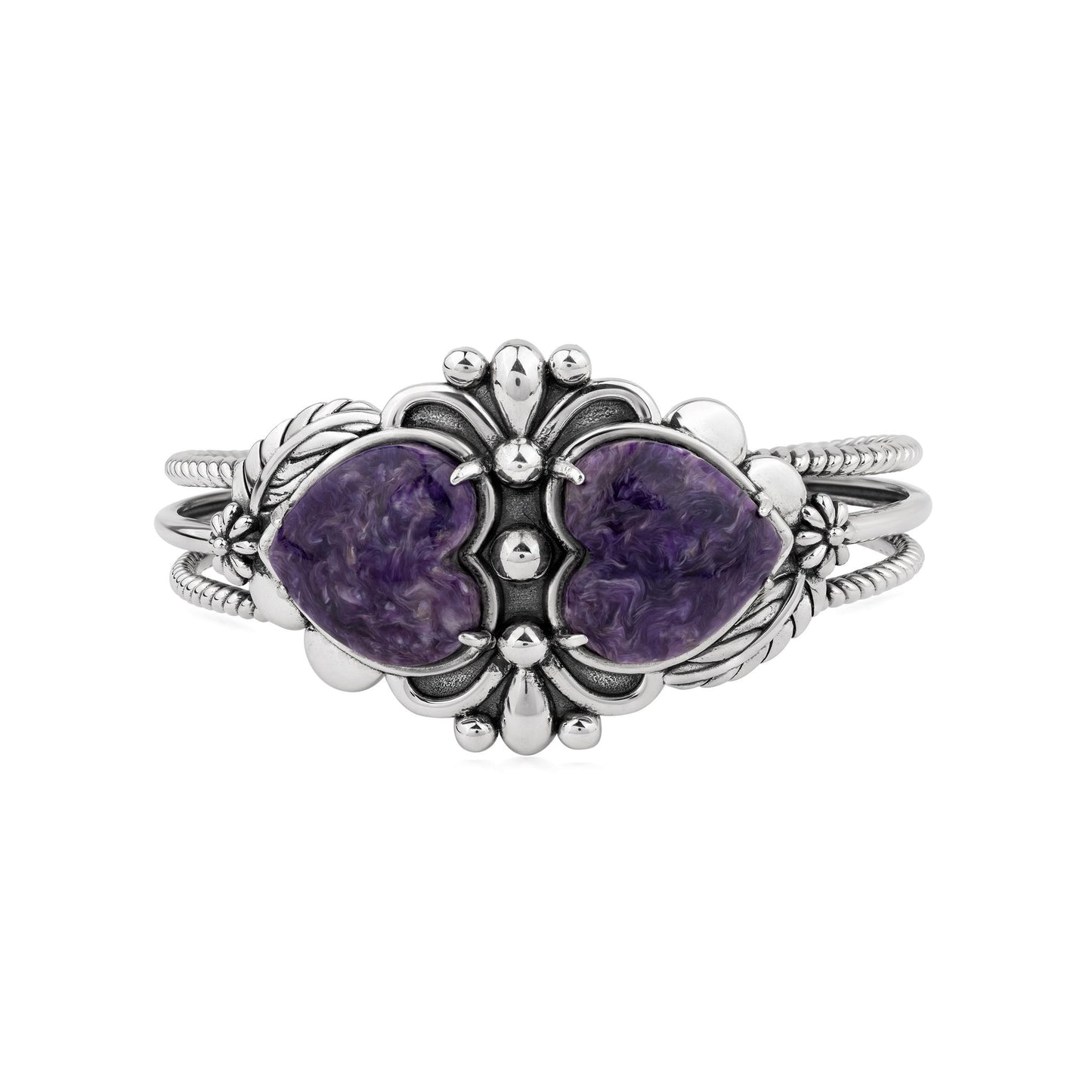 EXCLUSIVELY OURS! Sterling Silver Charoite Double Heart Cuff Bracelet, Sizes Small to Large