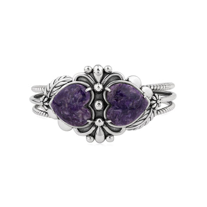 EXCLUSIVELY OURS! Sterling Silver Charoite Double Heart Cuff Bracelet, Sizes Small to Large