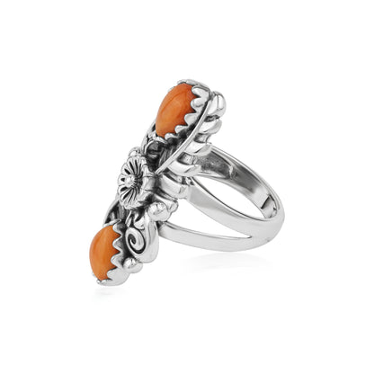 Sterling Silver Orange Spiny Oyster Pear-Cut Leaf and Flower Ring, Sizes 5 to 7