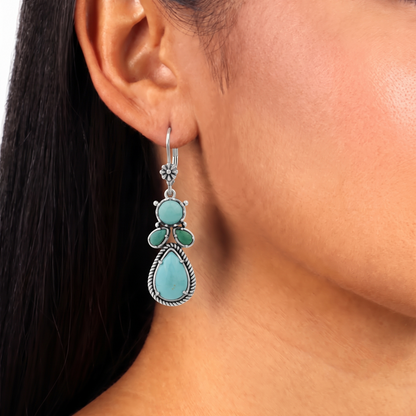 Sterling Silver Kingman and Green Turquoise Cluster Lever Back Earrings 
