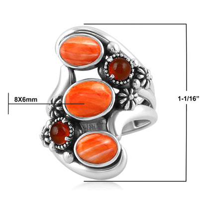 Sterling Silver Orange Spiny Oyster and Red Onyx Freeform Bypass Ring