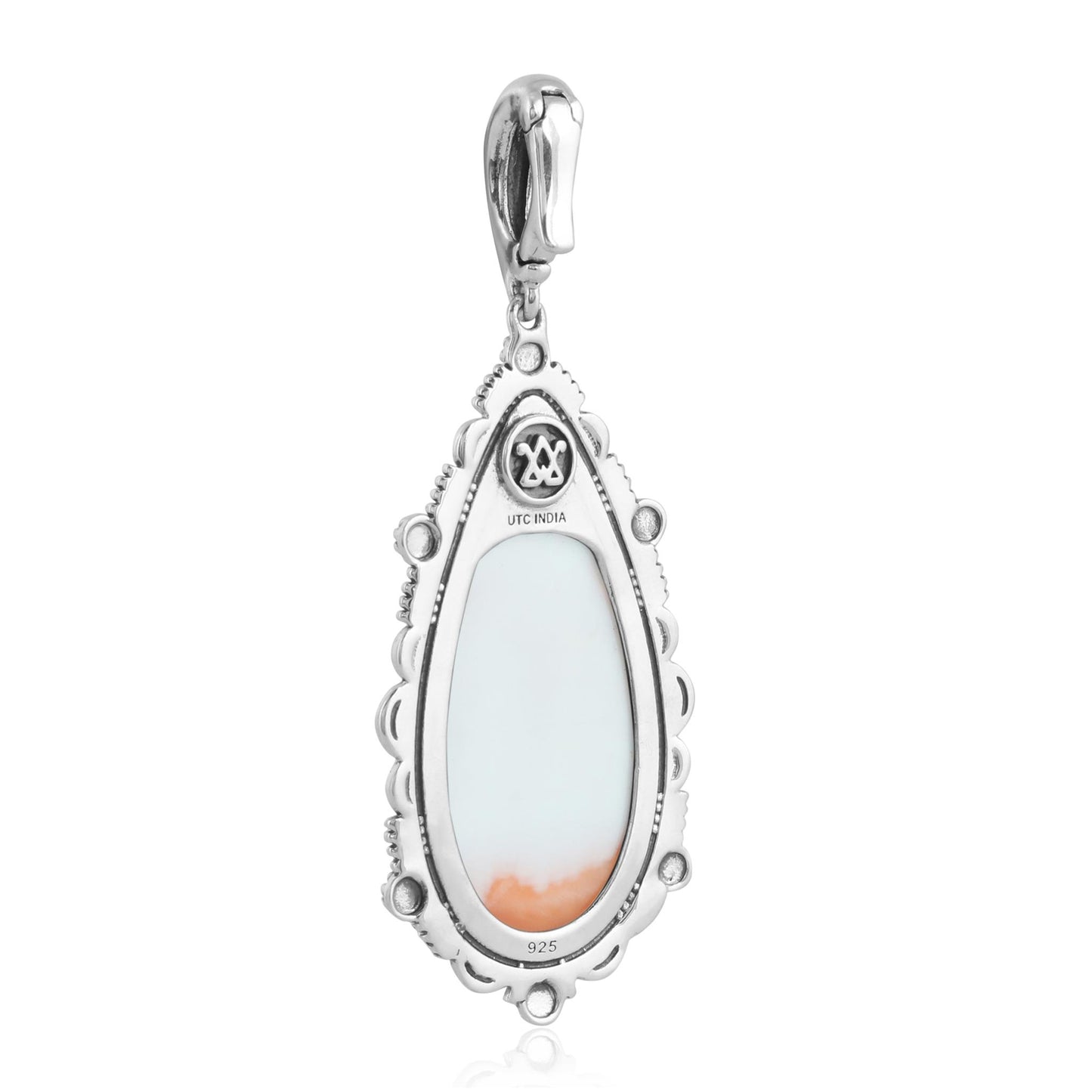 Sterling Silver Orange Spiny Oyster Teardrop Bordered Design Pendant Enhancer