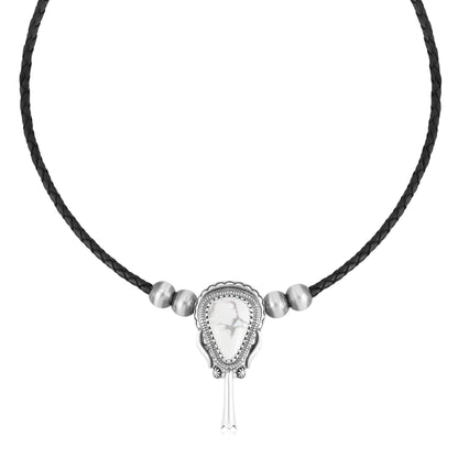 Sterling Silver White Howlite Black Leather Squash Blossom Necklace