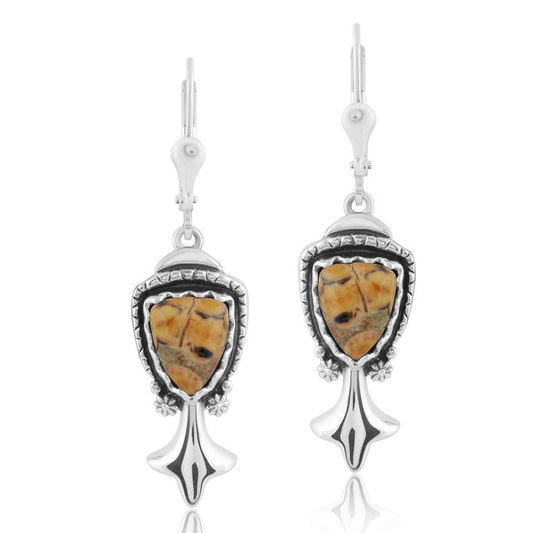 Sterling Silver Leopard Jasper Arrowhead Gemstone Squash Blossom Drop Earring