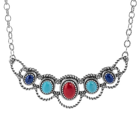 Sterling Silver Turquoise, Red Coral, Blue Lapis Gemstone Rope Plaque Necklace 17 To 20 Inch